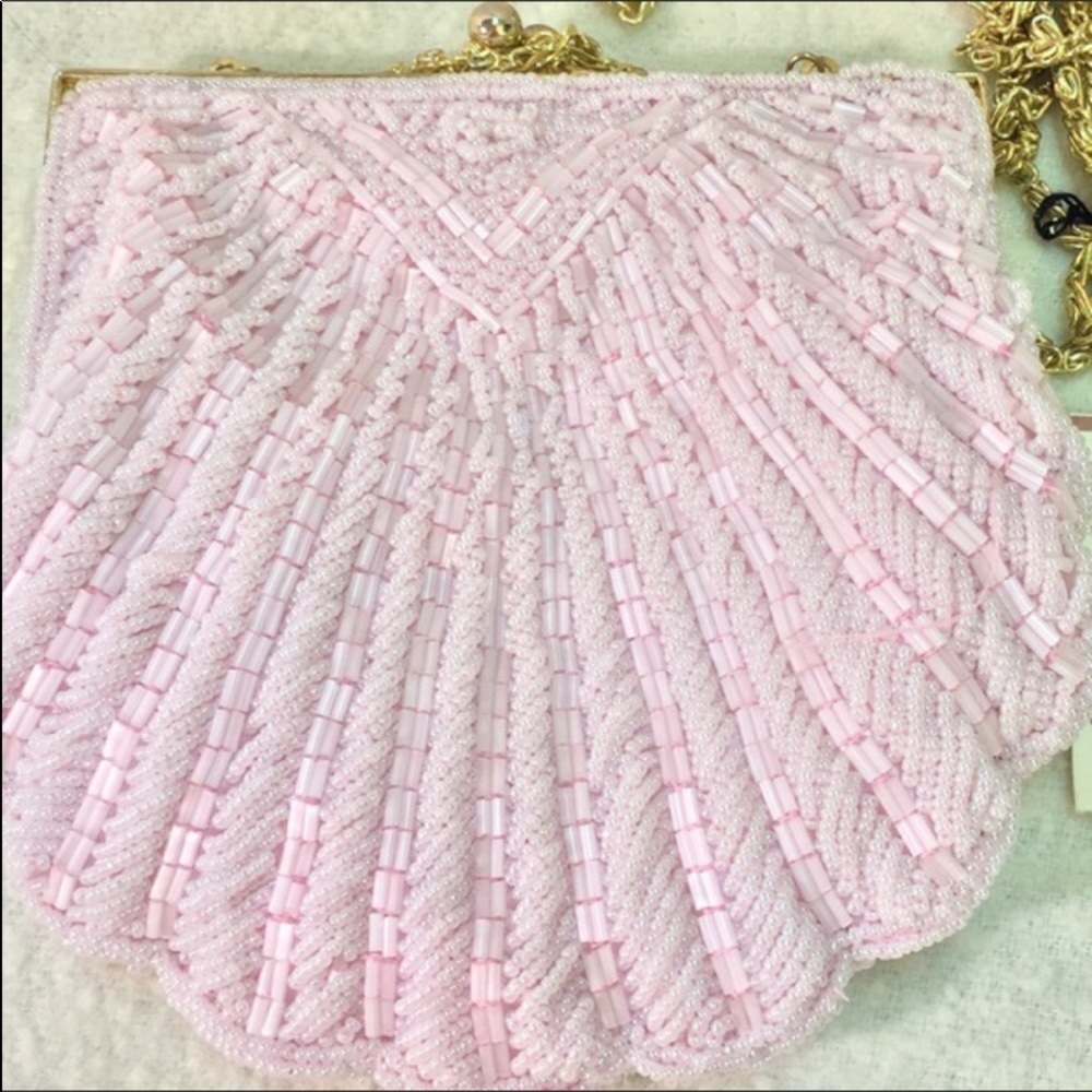 Artisan Hand Beaded Shell Design Bag w/Satin NWT